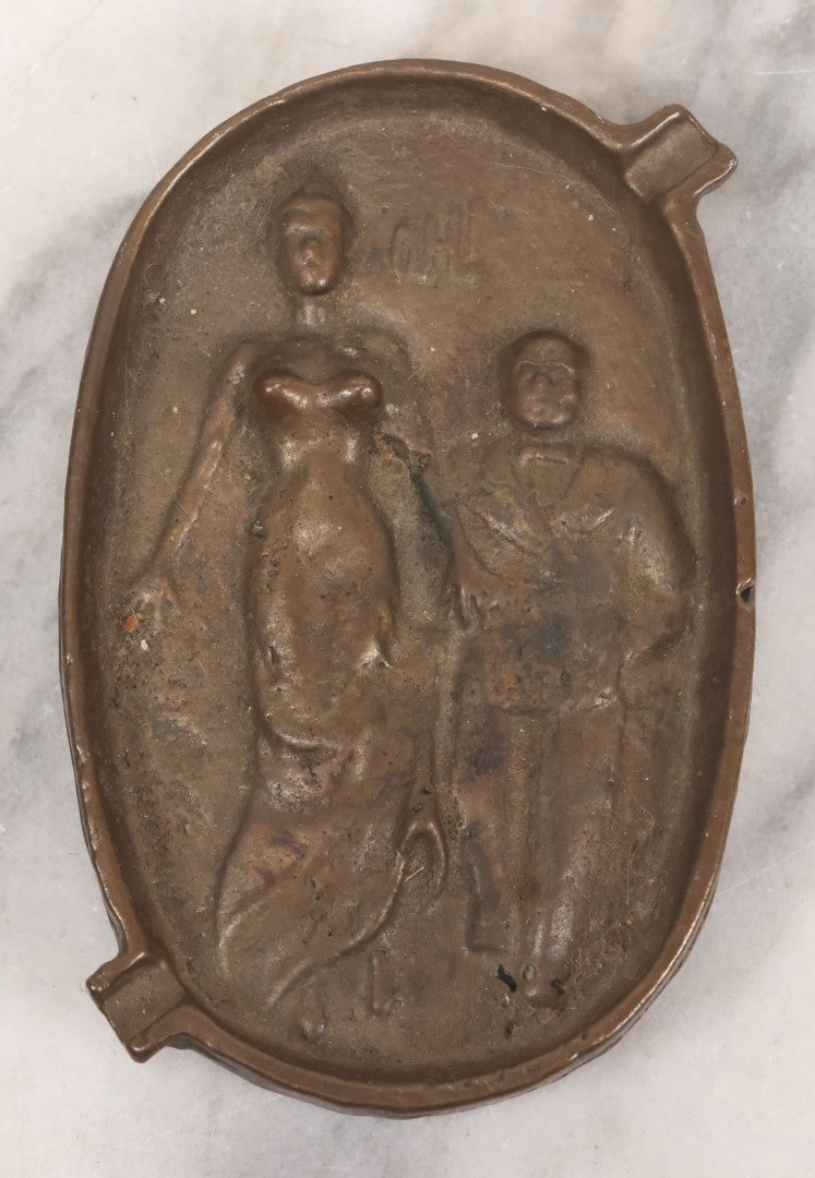 Lot 054 - Vintage Cast Bronze "Oh! Ah!" Risqué Ashtray With Little Man Grabbing A Surprised Lady's Behind 