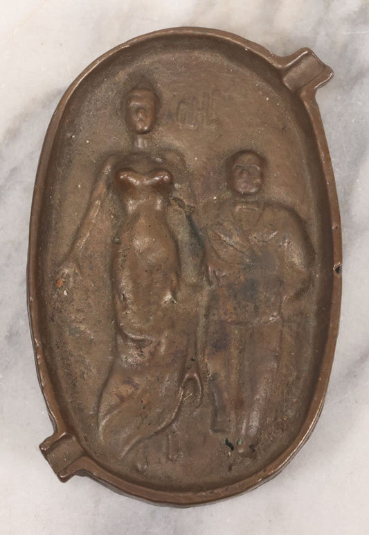 Lot 054 - Vintage Cast Bronze "Oh! Ah!" Risqué Ashtray With Little Man Grabbing A Surprised Lady's Behind 