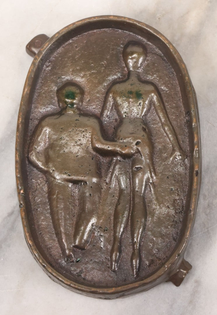 Lot 054 - Vintage Cast Bronze "Oh! Ah!" Risqué Ashtray With Little Man Grabbing A Surprised Lady's Behind 