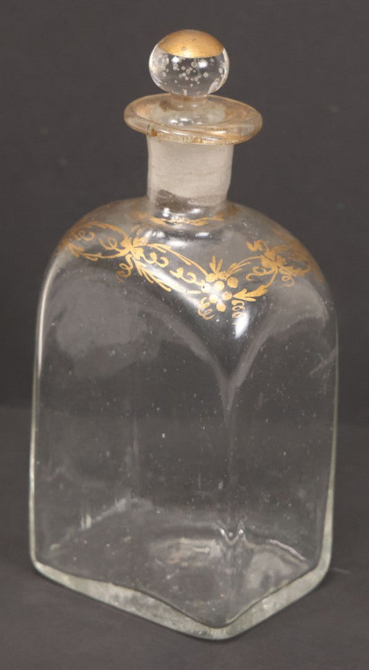 Lot 058 - Antique Hand Blown Glass Bottle With Stopper, Gold Paint Detailing, Pontil Mark