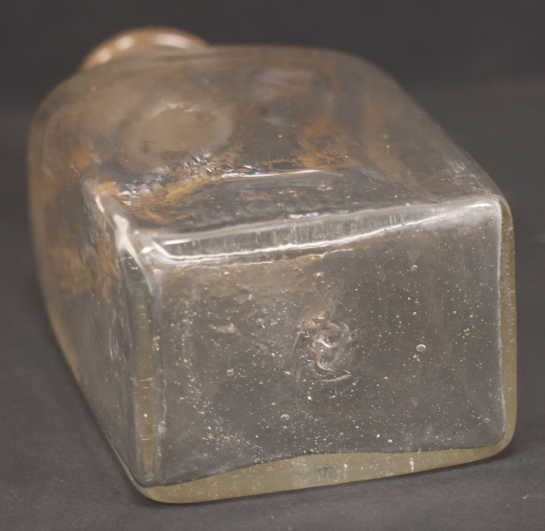 Lot 058 - Antique Hand Blown Glass Bottle With Stopper, Gold Paint Detailing, Pontil Mark