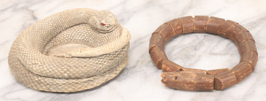 Lot 064 - Pair Of Vintage Snake Novelties Including Chalkware Snake Ashtray Decoy And Jointed Folk Art Snake Toy