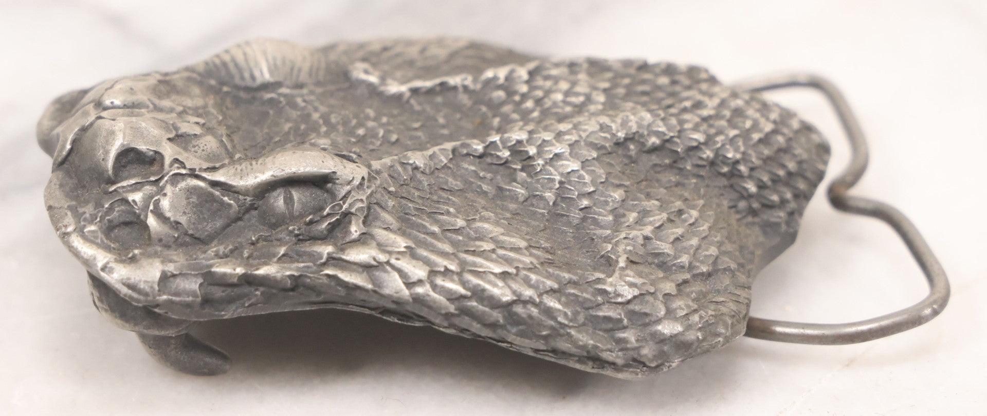 Lot 065 - Vintage Pewter Snake Head Novelty Belt Buckle With Fangs, Marked "Fine Pewter," Copyright Vinegarroon, 1977