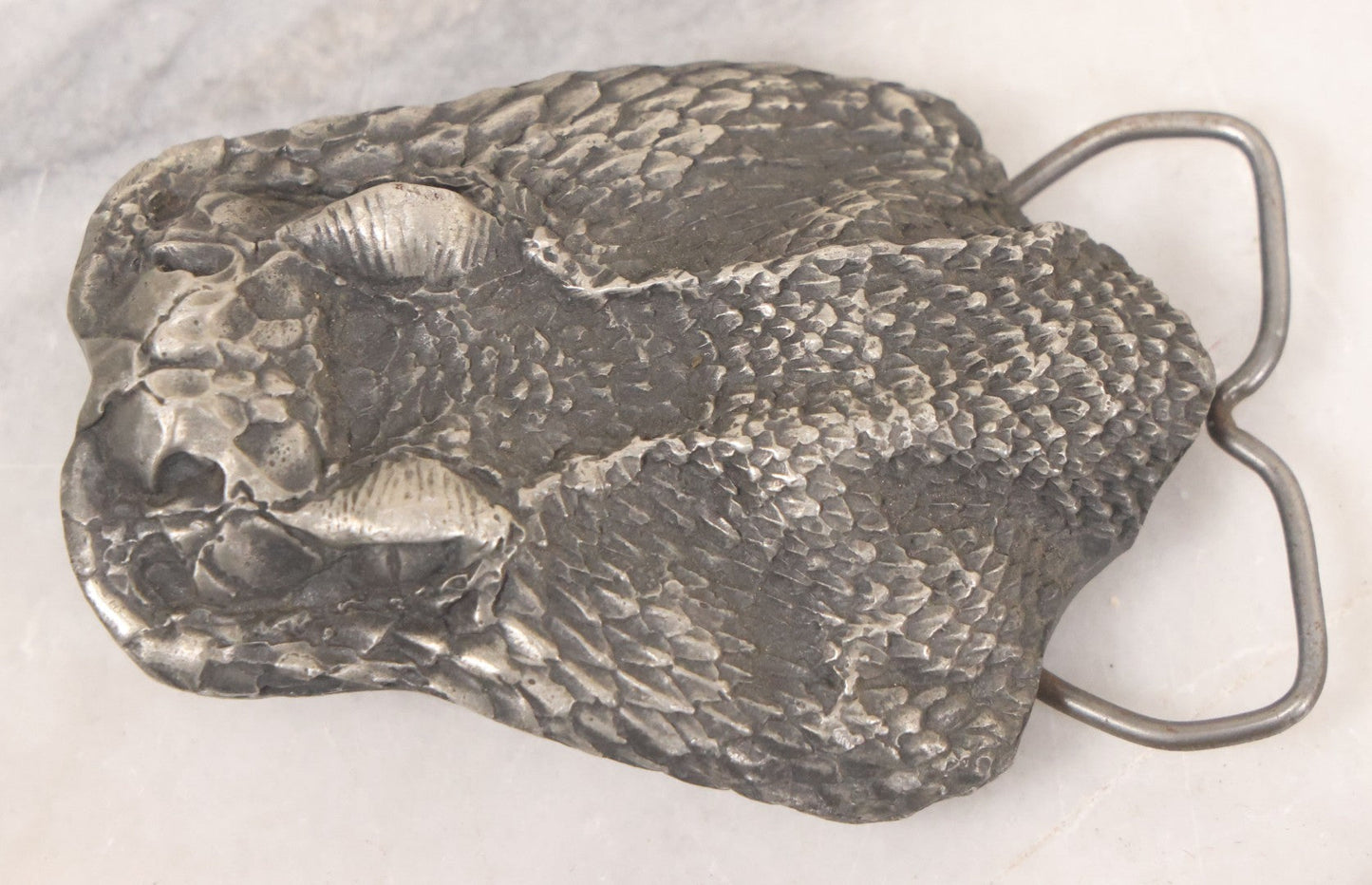 Lot 065 - Vintage Pewter Snake Head Novelty Belt Buckle With Fangs, Marked "Fine Pewter," Copyright Vinegarroon, 1977