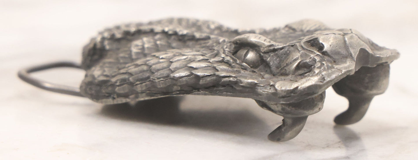 Lot 065 - Vintage Pewter Snake Head Novelty Belt Buckle With Fangs, Marked "Fine Pewter," Copyright Vinegarroon, 1977