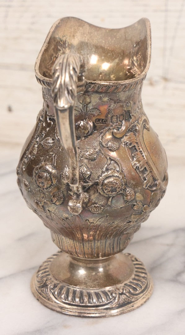 Lot 068 - Antique Silverplate Gift Ewer With Floral, Scroll And Curtain Motifs, Engraved "Lorraine Craven Manny 27th July 1919" Front, "From Her Godmother Marie Louise Nichols" On Verso, Hallmarked, Mfd. By Crichton Bros., London & New York, 5-3/4" H