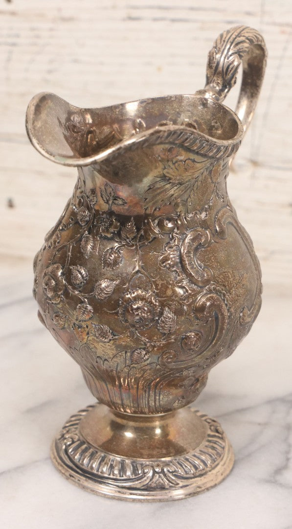 Lot 068 - Antique Silverplate Gift Ewer With Floral, Scroll And Curtain Motifs, Engraved "Lorraine Craven Manny 27th July 1919" Front, "From Her Godmother Marie Louise Nichols" On Verso, Hallmarked, Mfd. By Crichton Bros., London & New York, 5-3/4" H