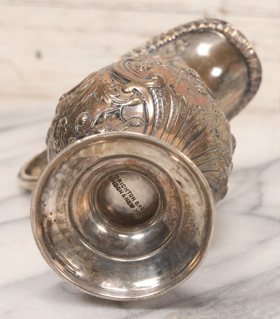 Lot 068 - Antique Silverplate Gift Ewer With Floral, Scroll And Curtain Motifs, Engraved "Lorraine Craven Manny 27th July 1919" Front, "From Her Godmother Marie Louise Nichols" On Verso, Hallmarked, Mfd. By Crichton Bros., London & New York, 5-3/4" H
