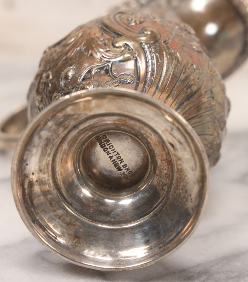 Lot 068 - Antique Silverplate Gift Ewer With Floral, Scroll And Curtain Motifs, Engraved "Lorraine Craven Manny 27th July 1919" Front, "From Her Godmother Marie Louise Nichols" On Verso, Hallmarked, Mfd. By Crichton Bros., London & New York, 5-3/4" H