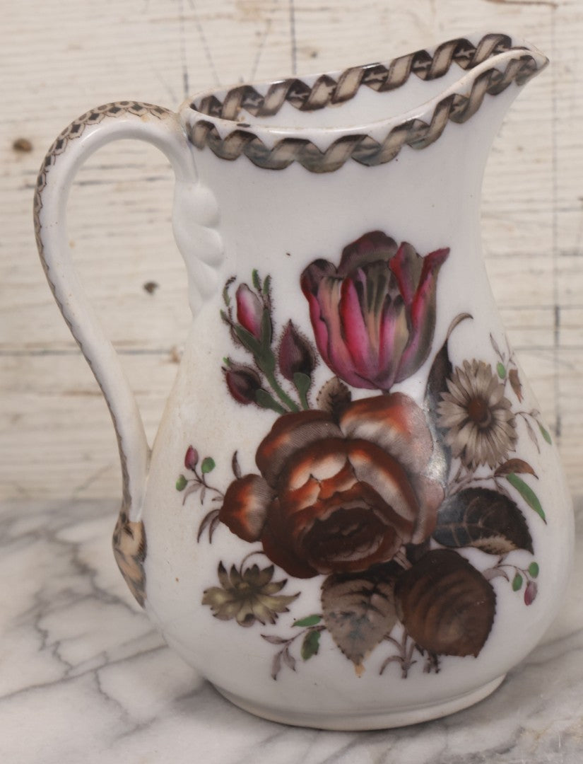 Lot 071 - Antique Painted Transferware Earthenware Pitcher With Floral Design, Marked "Flora" On Bottom, Manufactured By Charles Hobson, 7-1/4" Height