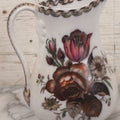 Lot 071 - Antique Painted Transferware Earthenware Pitcher With Floral Design, Marked "Flora" On Bottom, Manufactured By Charles Hobson, 7-1/4" Height