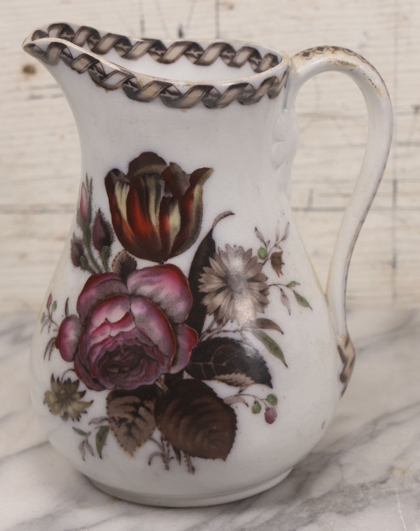 Lot 071 - Antique Painted Transferware Earthenware Pitcher With Floral Design, Marked "Flora" On Bottom, Manufactured By Charles Hobson, 7-1/4" Height