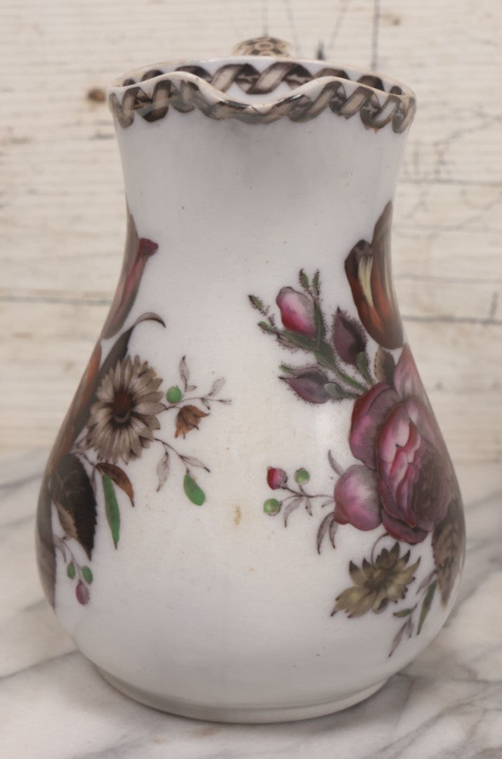 Lot 071 - Antique Painted Transferware Earthenware Pitcher With Floral Design, Marked "Flora" On Bottom, Manufactured By Charles Hobson, 7-1/4" Height