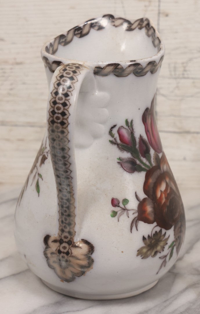 Lot 071 - Antique Painted Transferware Earthenware Pitcher With Floral Design, Marked "Flora" On Bottom, Manufactured By Charles Hobson, 7-1/4" Height