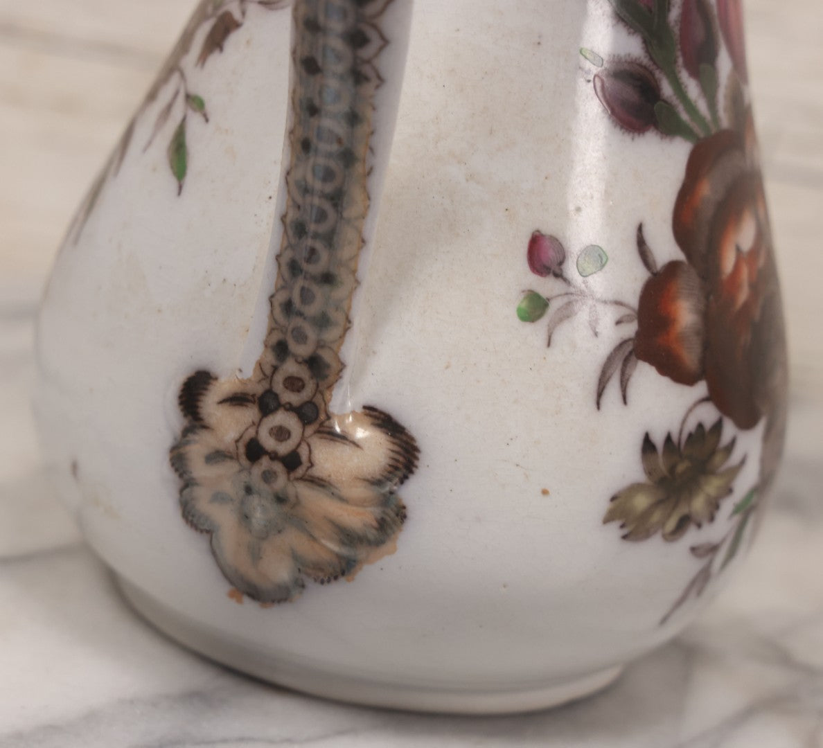 Lot 071 - Antique Painted Transferware Earthenware Pitcher With Floral Design, Marked "Flora" On Bottom, Manufactured By Charles Hobson, 7-1/4" Height