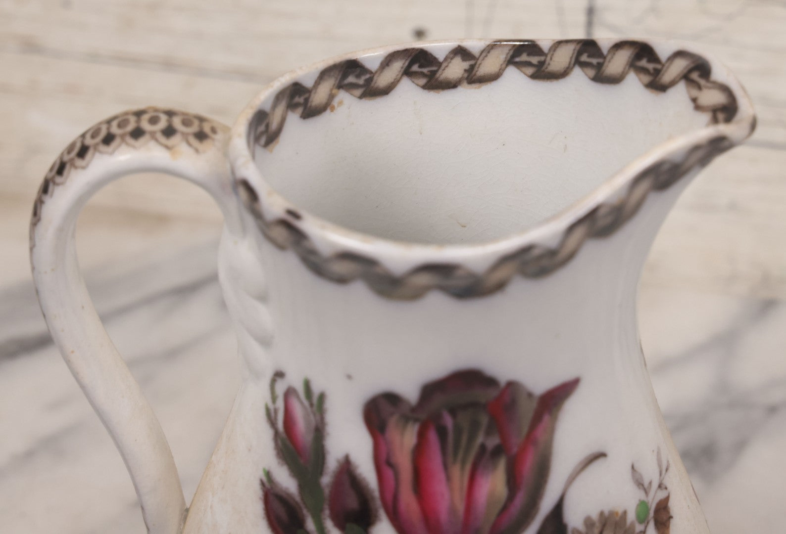 Lot 071 - Antique Painted Transferware Earthenware Pitcher With Floral Design, Marked "Flora" On Bottom, Manufactured By Charles Hobson, 7-1/4" Height