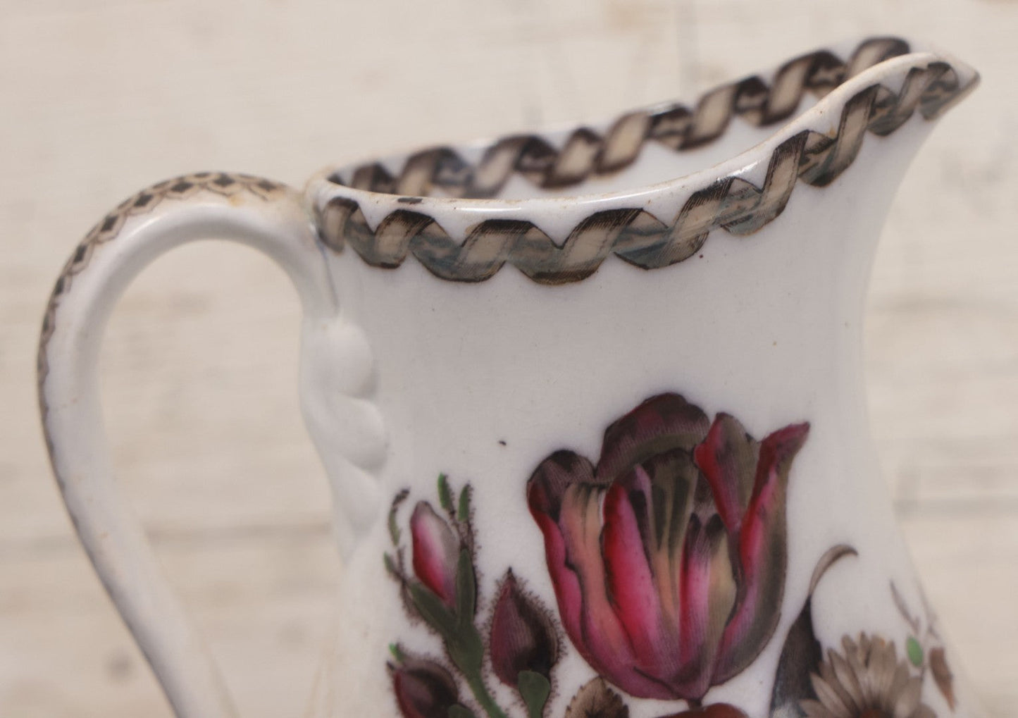Lot 071 - Antique Painted Transferware Earthenware Pitcher With Floral Design, Marked "Flora" On Bottom, Manufactured By Charles Hobson, 7-1/4" Height