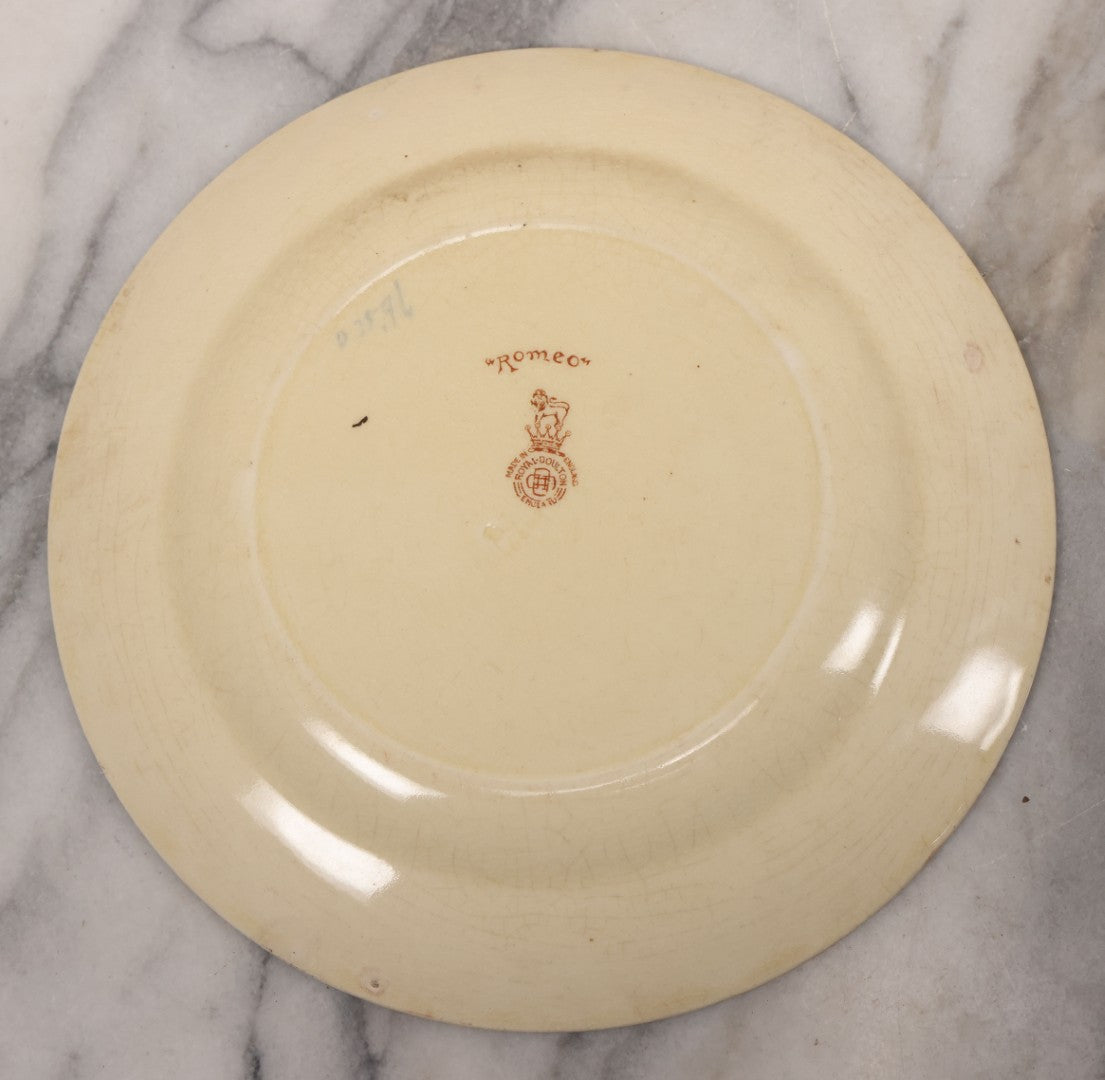 Lot 072 - Antique Transferware "Romeo" Plate With Image Of Romeo Of Shakespeare's "Romeo And Juliet," Manufactured By Royal Doulton, Made In England, 8-1/2" Diameter