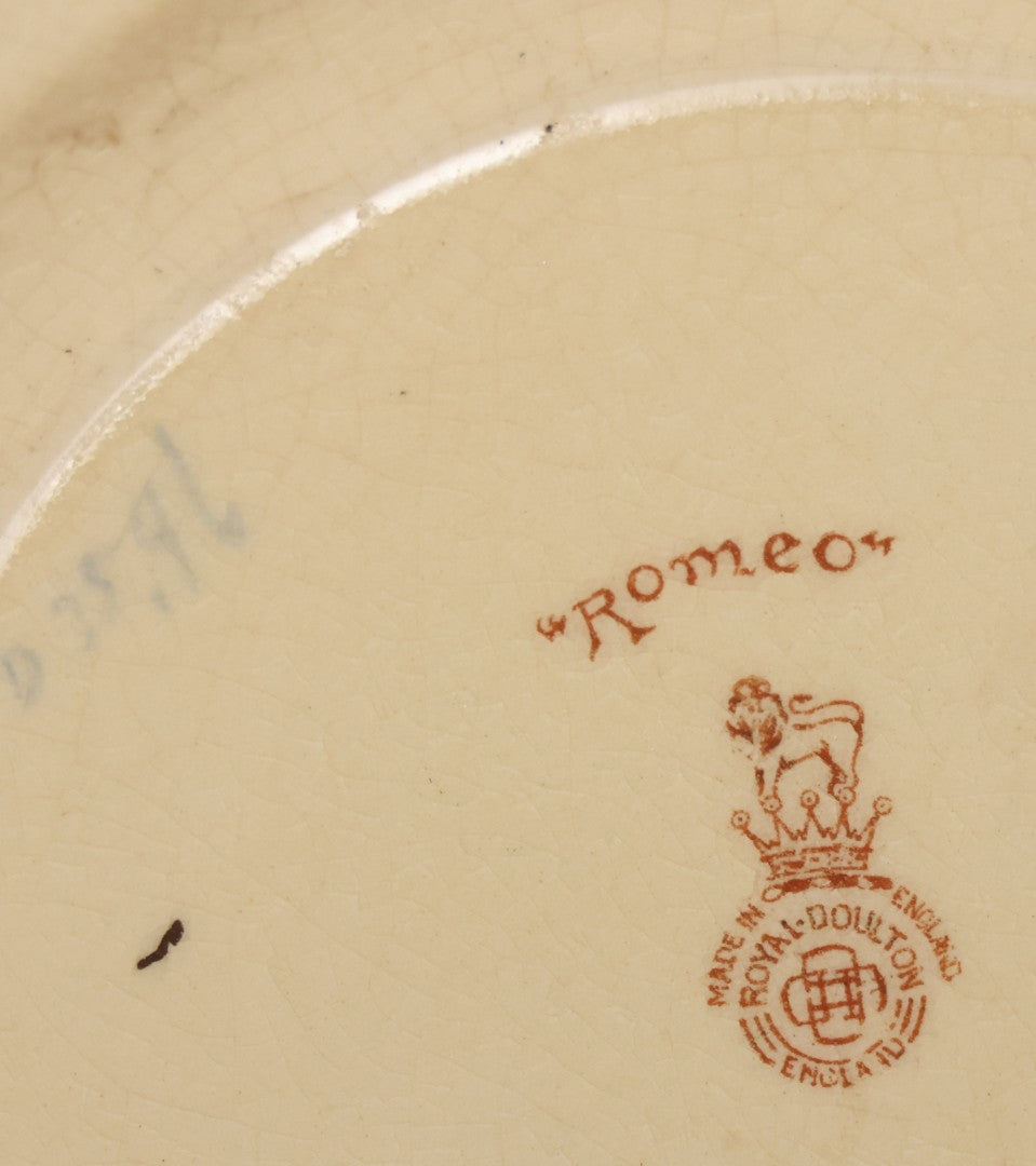 Lot 072 - Antique Transferware "Romeo" Plate With Image Of Romeo Of Shakespeare's "Romeo And Juliet," Manufactured By Royal Doulton, Made In England, 8-1/2" Diameter