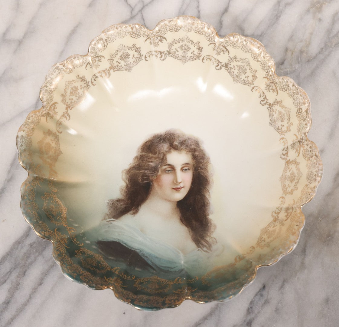 Lot 074 - Antique Bavarian Porcelain Portrait Plate Bowl Featuring A Beautiful Woman, Marked “R.C. Malmaison Bavaria” With Rosenthal-Style Crossed Scepters Hallmark, Circa 1900, 9-1/4" Diameter