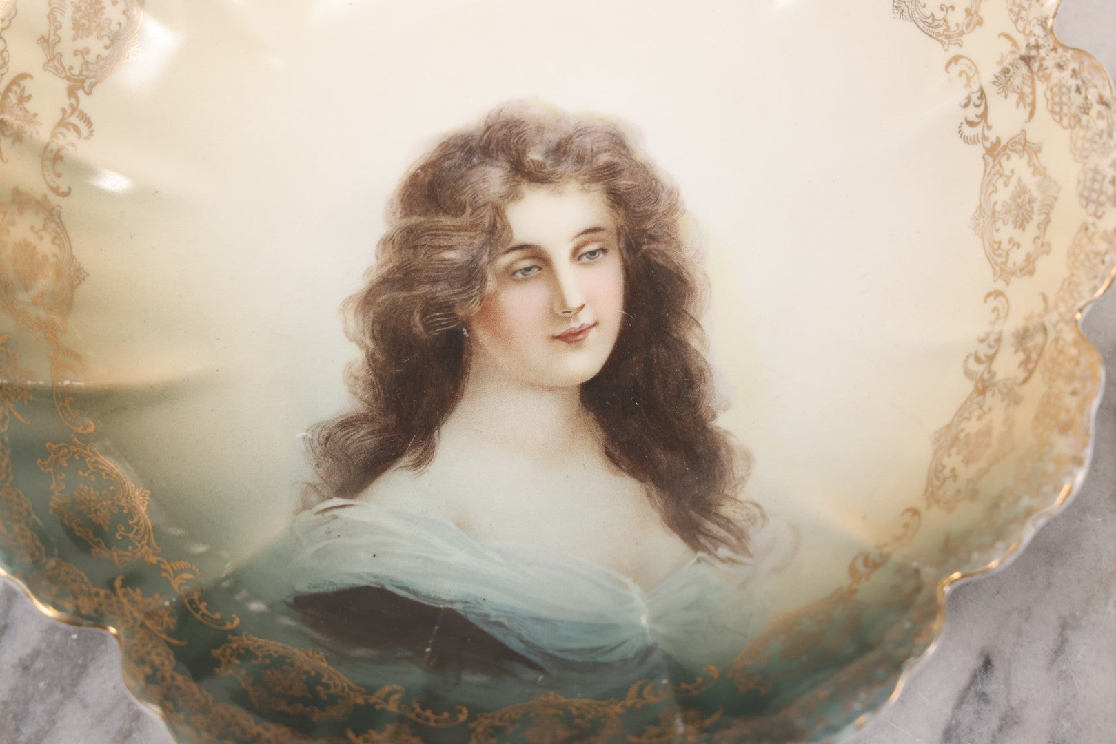 Lot 074 - Antique Bavarian Porcelain Portrait Plate Bowl Featuring A Beautiful Woman, Marked “R.C. Malmaison Bavaria” With Rosenthal-Style Crossed Scepters Hallmark, Circa 1900, 9-1/4" Diameter