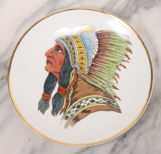 Lot 075 - Antique Hand Colored Porcelain Native American Chief Portrait Plate, Made In Germany, 6-7/8" Diameter