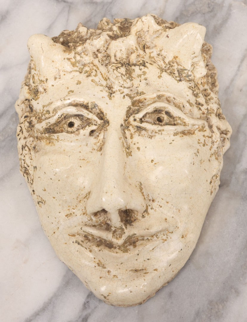 Lot 076 - Vintage Ceramic Grotesque Devil Mask With Off-White Glaze, Darkened Patina, 6-1/2" x 8-3/4"