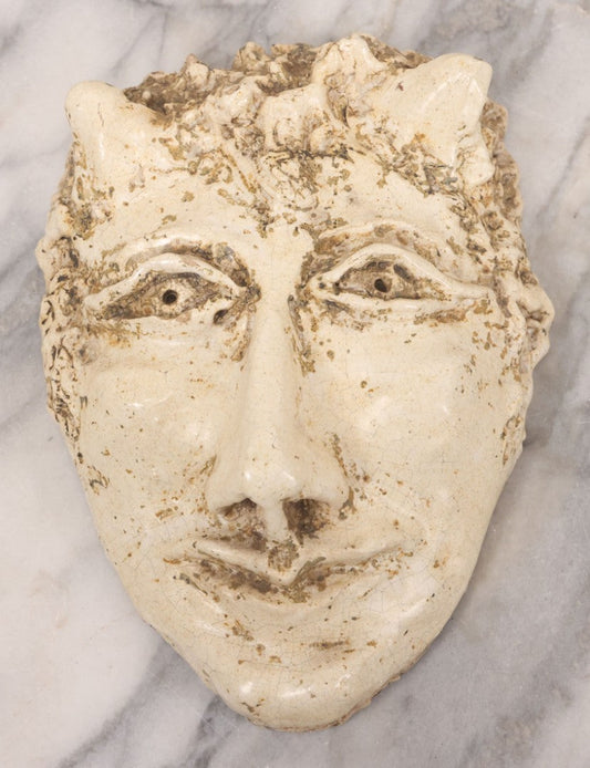 Lot 076 - Vintage Ceramic Grotesque Devil Mask With Off-White Glaze, Darkened Patina, 6-1/2" x 8-3/4"
