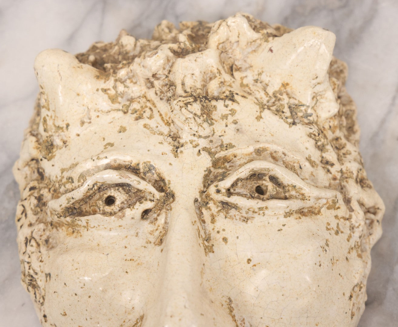 Lot 076 - Vintage Ceramic Grotesque Devil Mask With Off-White Glaze, Darkened Patina, 6-1/2" x 8-3/4"