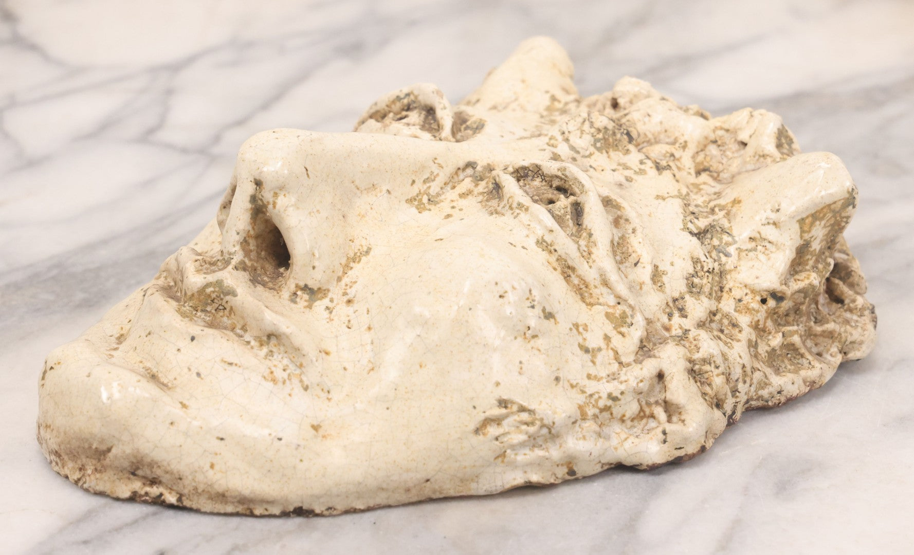 Lot 076 - Vintage Ceramic Grotesque Devil Mask With Off-White Glaze, Darkened Patina, 6-1/2" x 8-3/4"