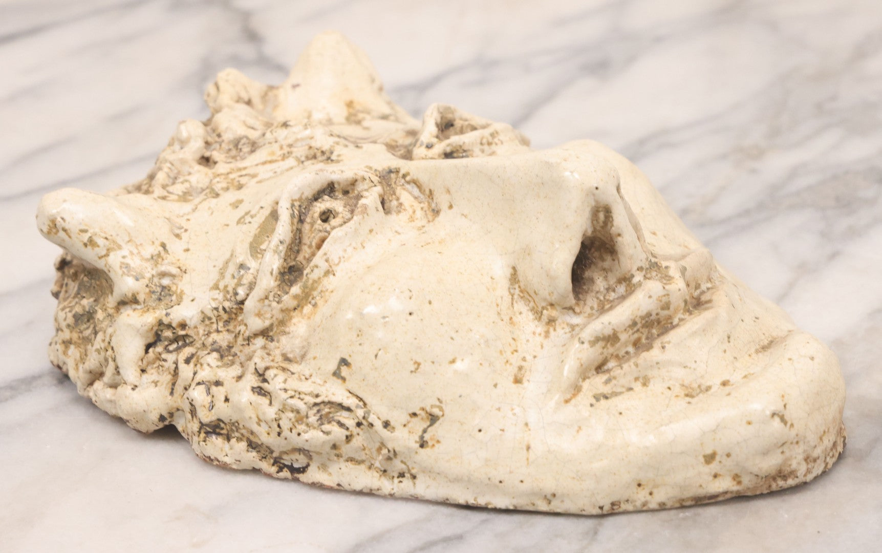 Lot 076 - Vintage Ceramic Grotesque Devil Mask With Off-White Glaze, Darkened Patina, 6-1/2" x 8-3/4"