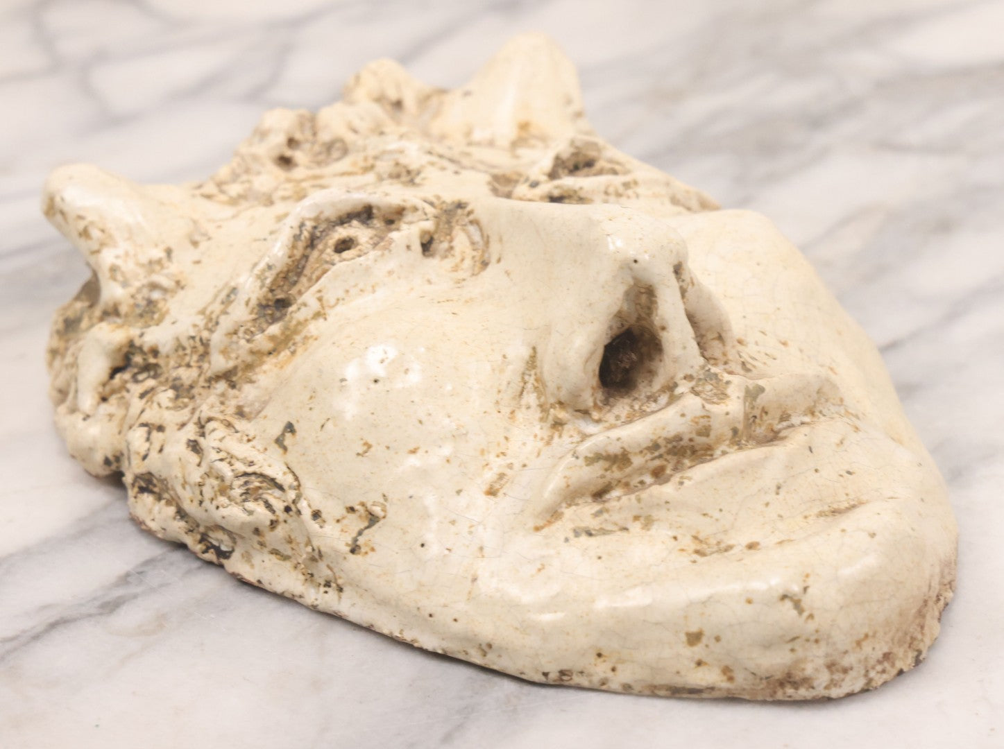 Lot 076 - Vintage Ceramic Grotesque Devil Mask With Off-White Glaze, Darkened Patina, 6-1/2" x 8-3/4"