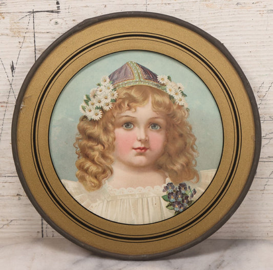 Lot 079 - Antique Chromolithograph Print Of Little Blonde Girl With Flowers In Her Hair, In Circular Reverse Painted Glass Frame, 7-7/8" Diameter