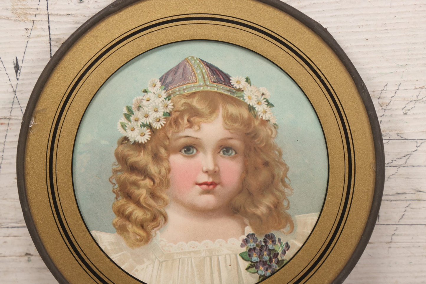 Lot 079 - Antique Chromolithograph Print Of Little Blonde Girl With Flowers In Her Hair, In Circular Reverse Painted Glass Frame, 7-7/8" Diameter