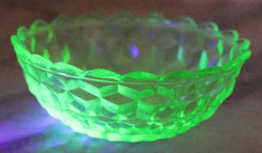 Lot 081 - Vintage Small Size Uranium Glass Geometric Dish, Glows Under Blacklight, 4-1/2" Diameter