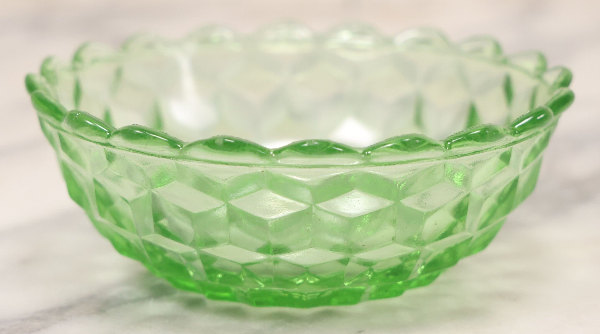 Lot 081 - Vintage Small Size Uranium Glass Geometric Dish, Glows Under Blacklight, 4-1/2" Diameter