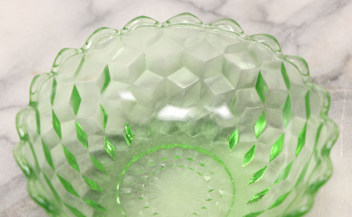 Lot 081 - Vintage Small Size Uranium Glass Geometric Dish, Glows Under Blacklight, 4-1/2" Diameter