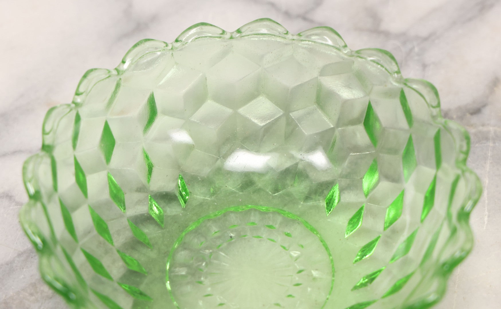 Lot 081 - Vintage Small Size Uranium Glass Geometric Dish, Glows Under Blacklight, 4-1/2" Diameter