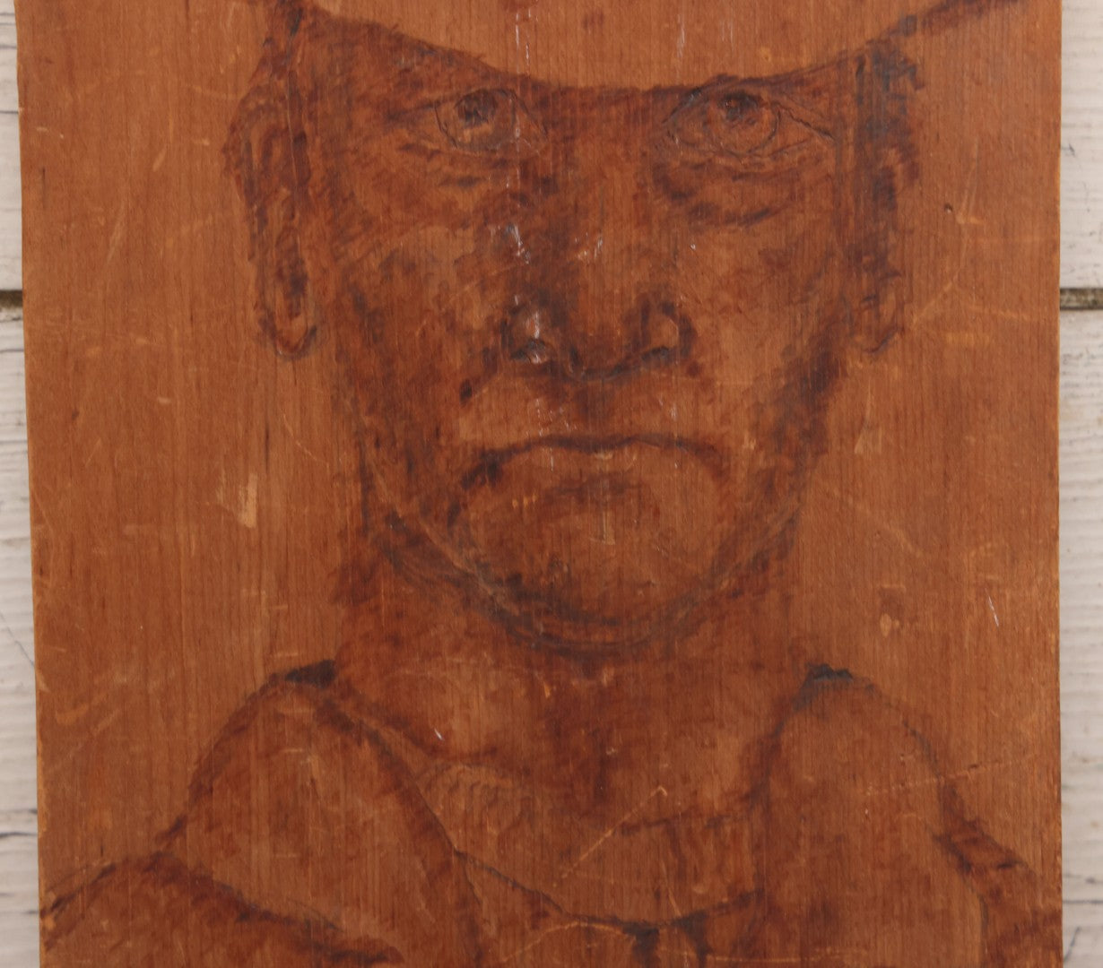 Lot 082 - Vintage Folk Art Western Americana Pyrography Wood Burned Panel Depicting A Stern Cowboy, Captioned "All Hail, America," Artist Initialed J.S., 7" x 14-1/2"