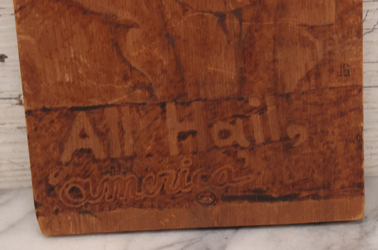 Lot 082 - Vintage Folk Art Western Americana Pyrography Wood Burned Panel Depicting A Stern Cowboy, Captioned "All Hail, America," Artist Initialed J.S., 7" x 14-1/2"