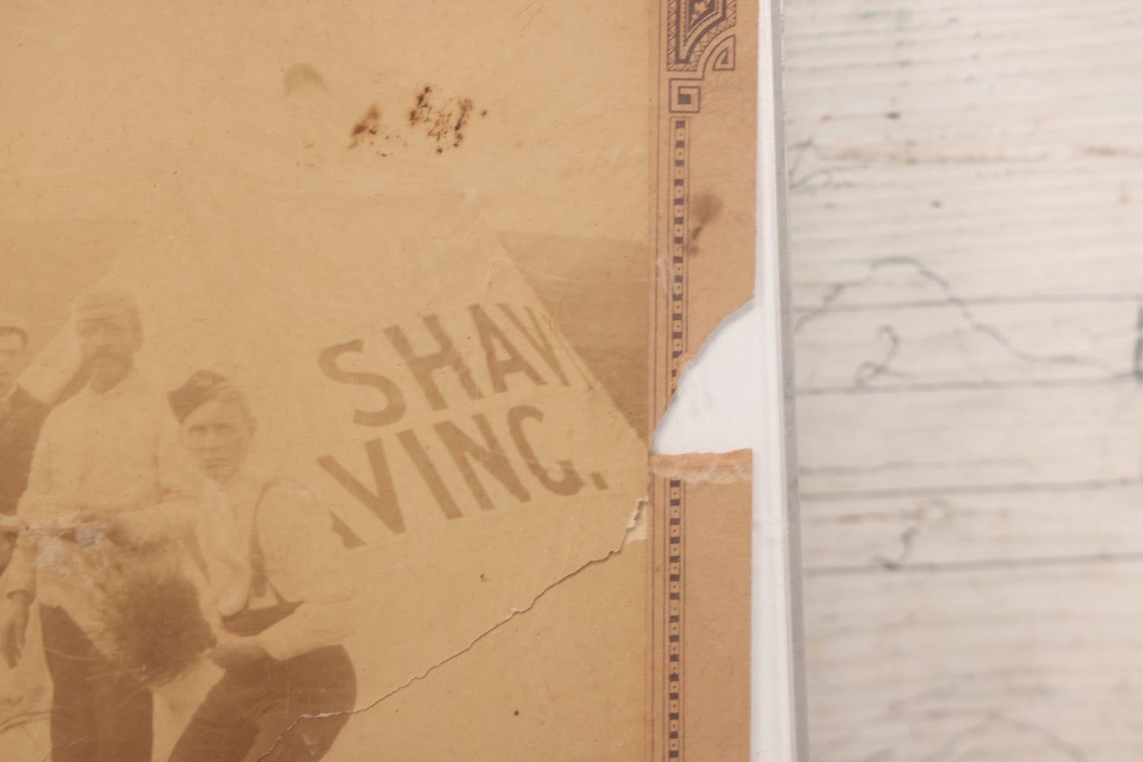 Lot 083 - Antique Boarded Photograph Of Soldier's Shaving Tent With Men Posing With Rifles, Barber, Implements And Tools, Photo By J.W. Culverhouse, " 7A The Parade, Trowbridge" Wiltshire, England, Note Photo Damaged, Losses