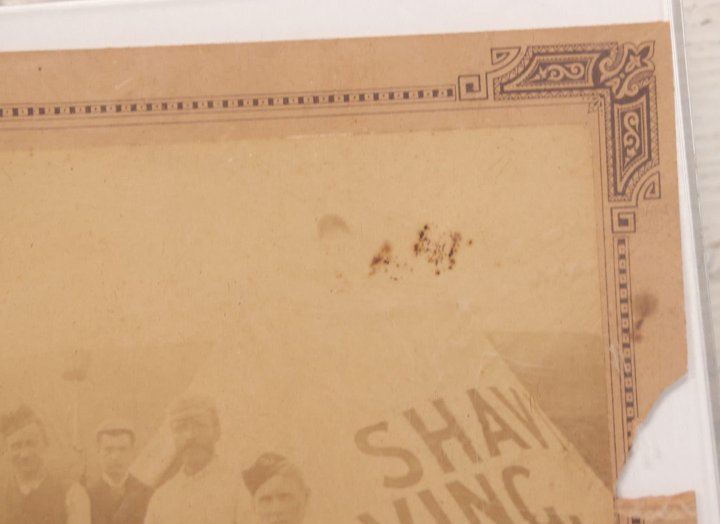 Lot 083 - Antique Boarded Photograph Of Soldier's Shaving Tent With Men Posing With Rifles, Barber, Implements And Tools, Photo By J.W. Culverhouse, " 7A The Parade, Trowbridge" Wiltshire, England, Note Photo Damaged, Losses