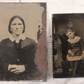 Lot 085 - Pair Of Antique Tintype Photographs Including Half Plate Tintype Of A Young Girl With Striped Socks And A Full Plate Tintype Of A Serious Looking Woman With Folded Hands