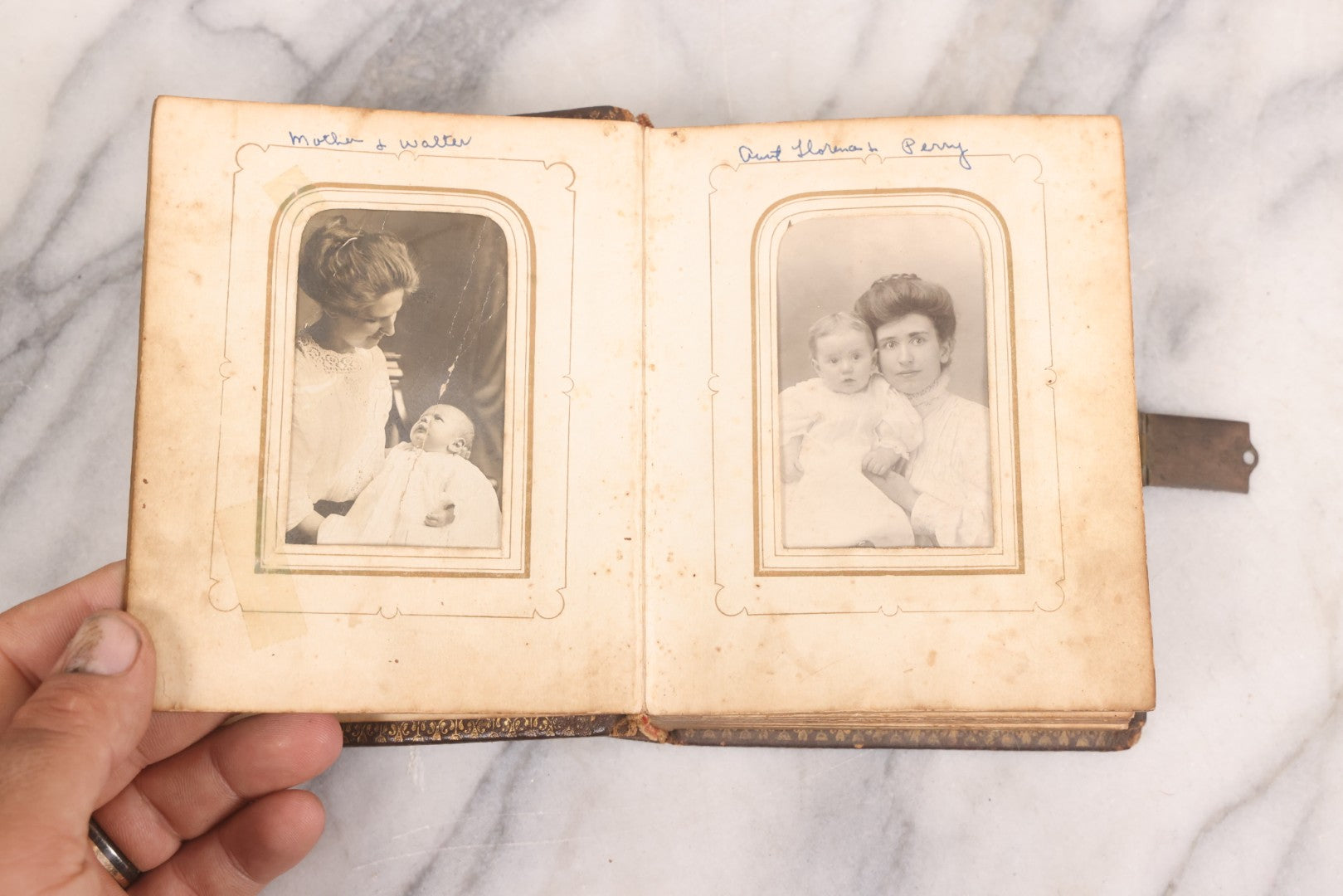 Lot 086 - Antique Family Photo Album With Mostly Trimmed Real Photo Postcards R.P.P.C., Snapshots, And Other Photos, With 26 Photos In All, Including Girl With Doll, Soldier, Woman With Dog, And Others, Most Identified