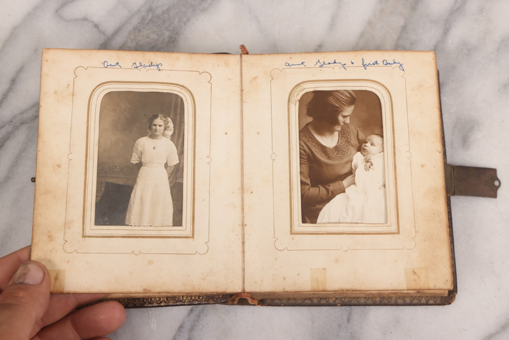 Lot 086 - Antique Family Photo Album With Mostly Trimmed Real Photo Postcards R.P.P.C., Snapshots, And Other Photos, With 26 Photos In All, Including Girl With Doll, Soldier, Woman With Dog, And Others, Most Identified