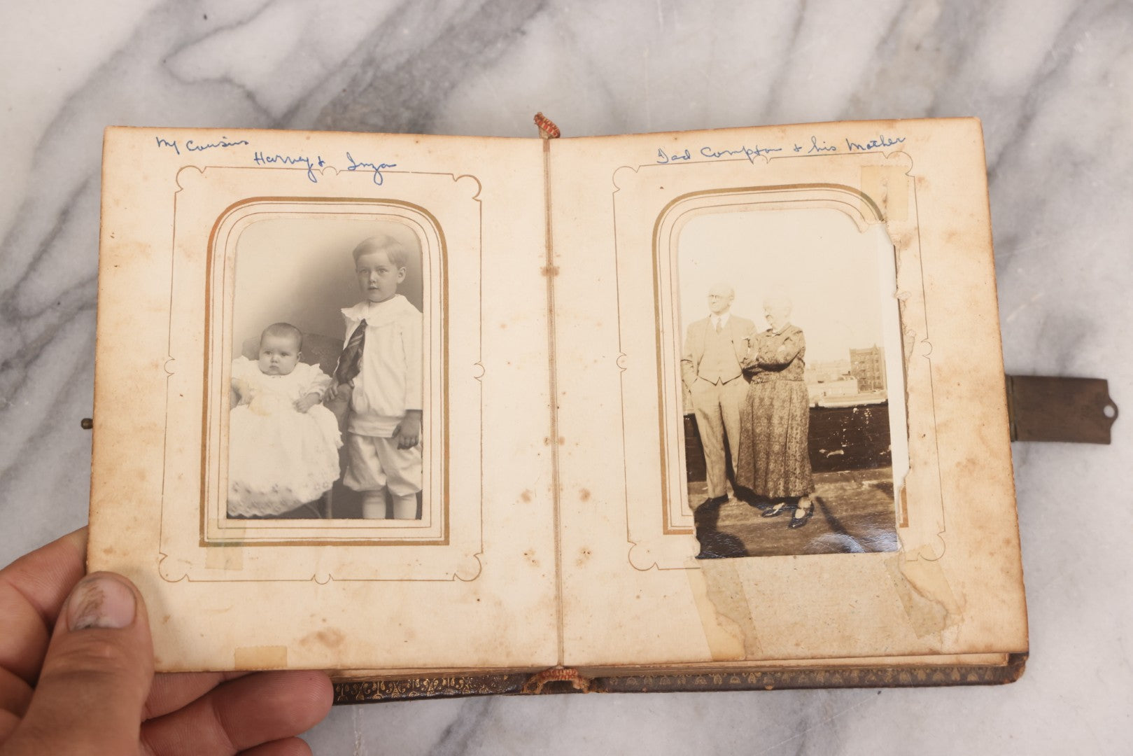 Lot 086 - Antique Family Photo Album With Mostly Trimmed Real Photo Postcards R.P.P.C., Snapshots, And Other Photos, With 26 Photos In All, Including Girl With Doll, Soldier, Woman With Dog, And Others, Most Identified