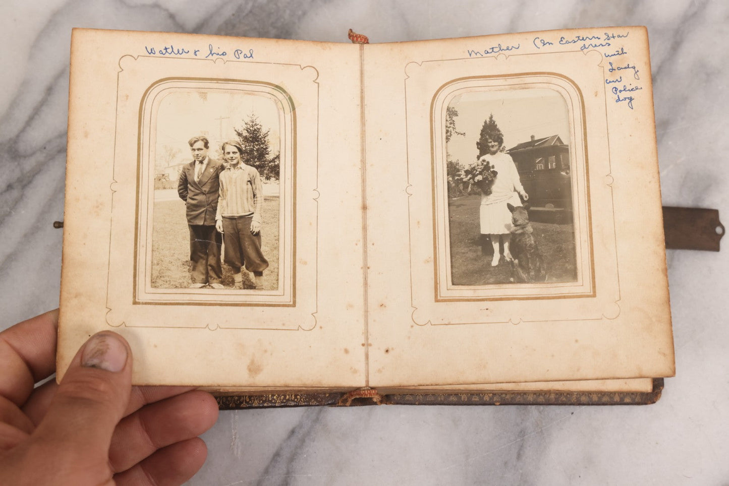 Lot 086 - Antique Family Photo Album With Mostly Trimmed Real Photo Postcards R.P.P.C., Snapshots, And Other Photos, With 26 Photos In All, Including Girl With Doll, Soldier, Woman With Dog, And Others, Most Identified