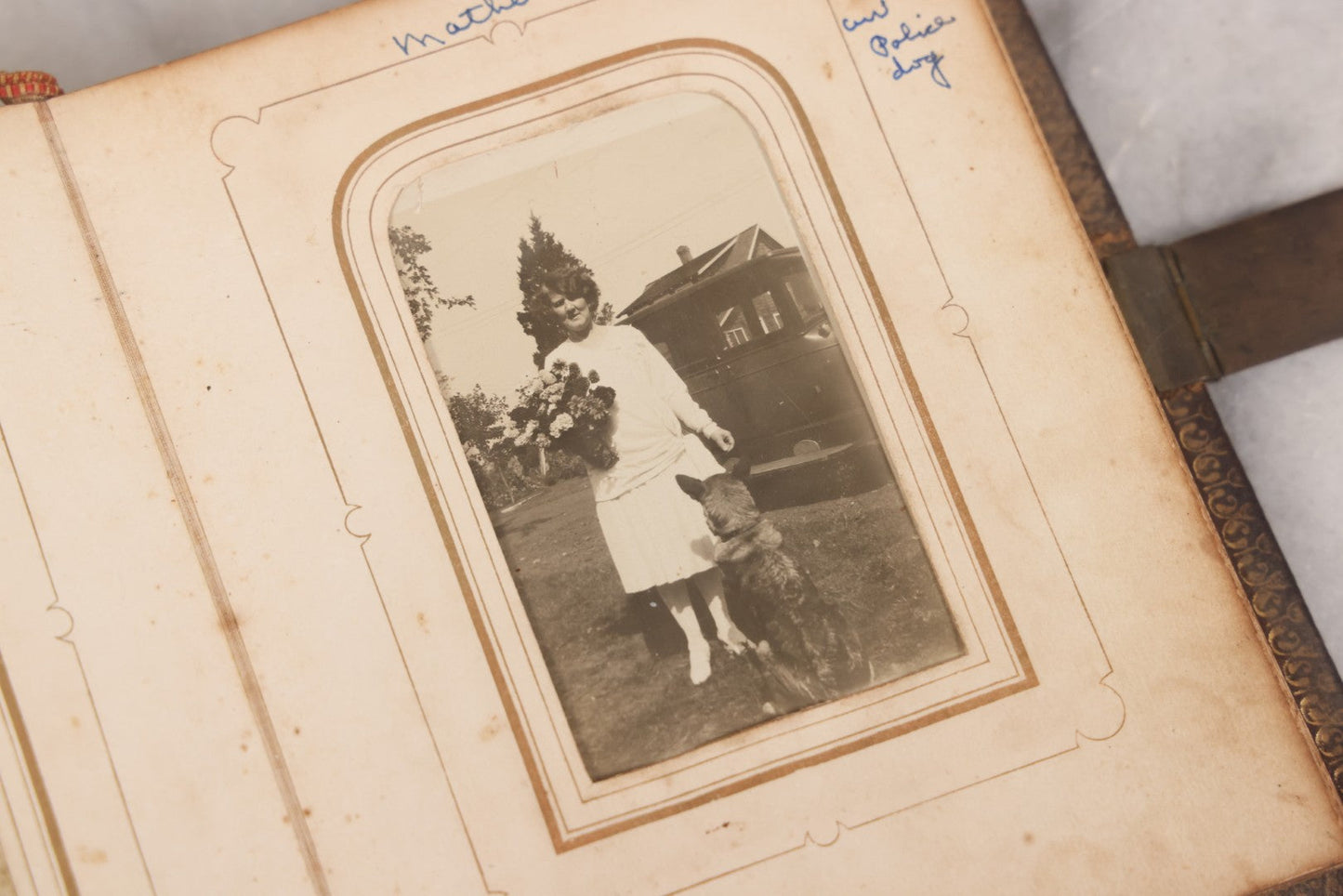 Lot 086 - Antique Family Photo Album With Mostly Trimmed Real Photo Postcards R.P.P.C., Snapshots, And Other Photos, With 26 Photos In All, Including Girl With Doll, Soldier, Woman With Dog, And Others, Most Identified