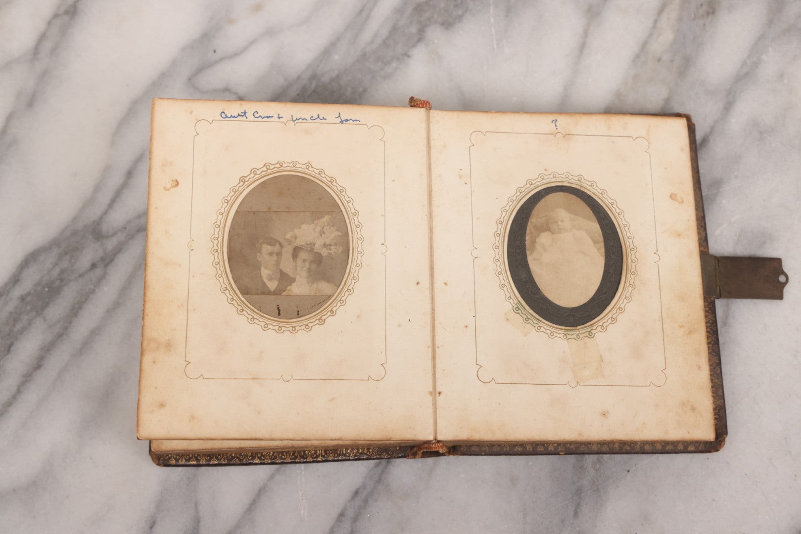 Lot 086 - Antique Family Photo Album With Mostly Trimmed Real Photo Postcards R.P.P.C., Snapshots, And Other Photos, With 26 Photos In All, Including Girl With Doll, Soldier, Woman With Dog, And Others, Most Identified