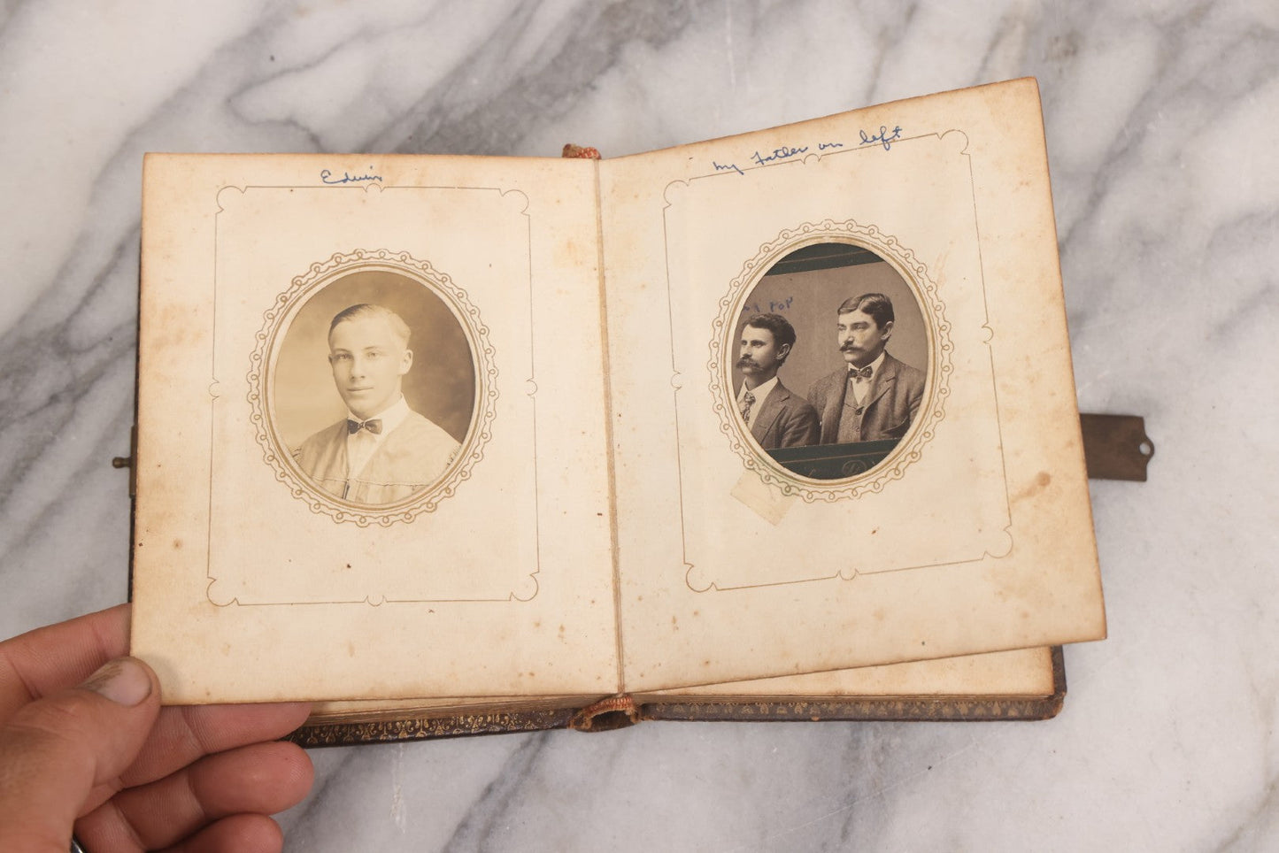 Lot 086 - Antique Family Photo Album With Mostly Trimmed Real Photo Postcards R.P.P.C., Snapshots, And Other Photos, With 26 Photos In All, Including Girl With Doll, Soldier, Woman With Dog, And Others, Most Identified